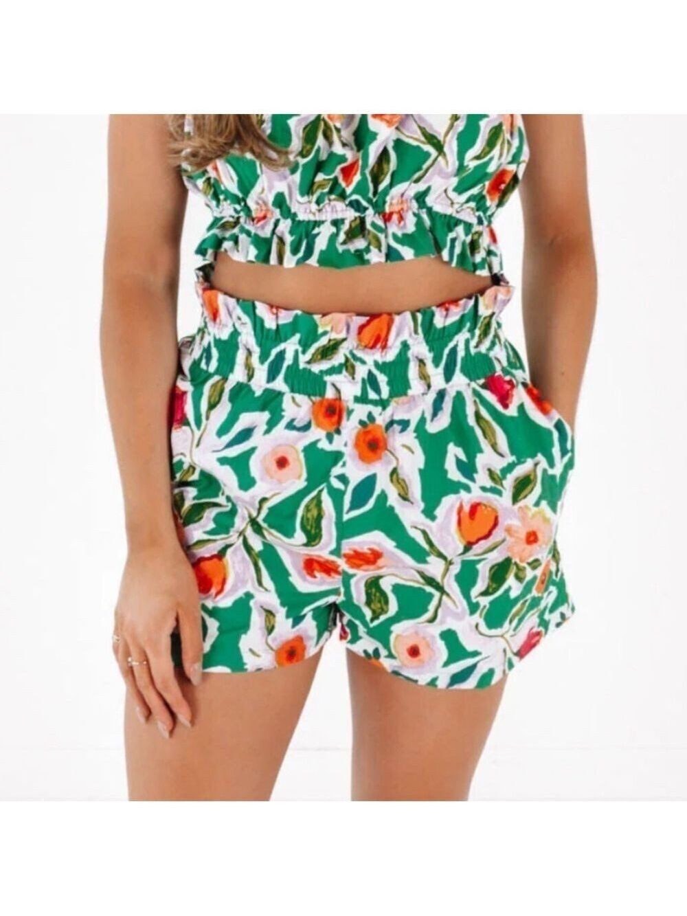 English Factory Floral Smocked Waist High Rise Cotton Shorts